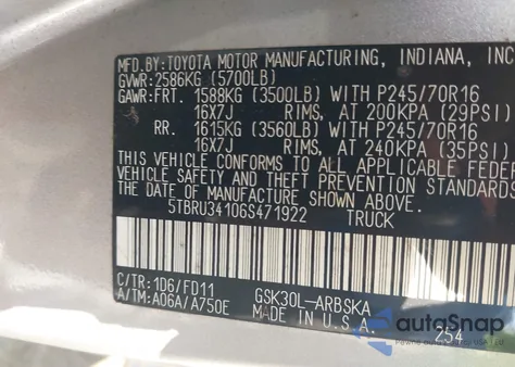 2006 Toyota Tundra Sr5 z USA, uszkodzony, nr VIN 5TBRU34106S471922